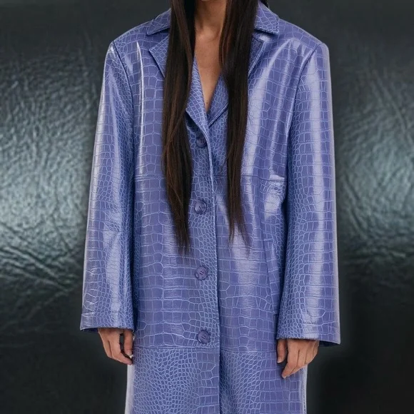 NWOT Hosbjerg Vegan Leather ‘Irah Croc Embossed Coat’ in “Dust Blue” Size Medium - Picture 3 of 16